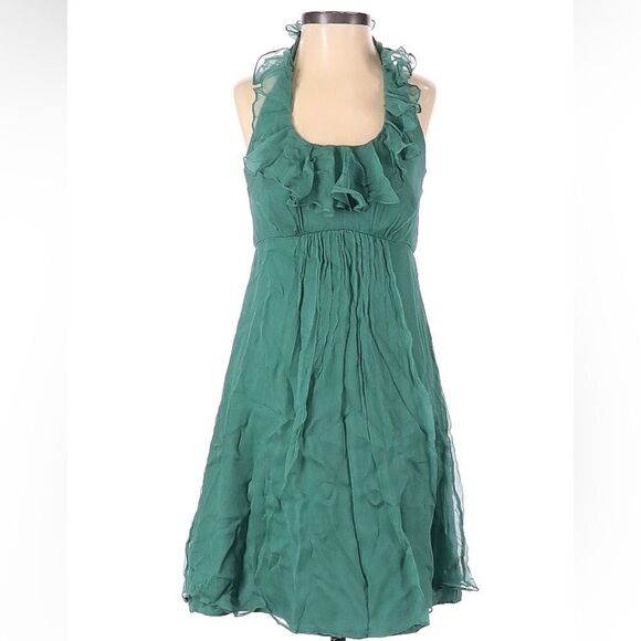 Amsale Green Silk Halter Ruffle Knee Length Dress - Size 10 - Picture 1 of 7